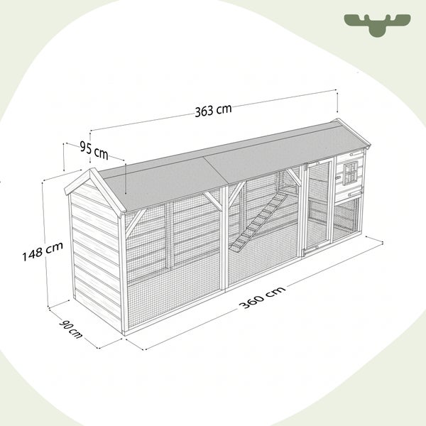 Illustration eines Hühnerstalls mit den Maßen 363 mal 360 mal 148 Zentimeter