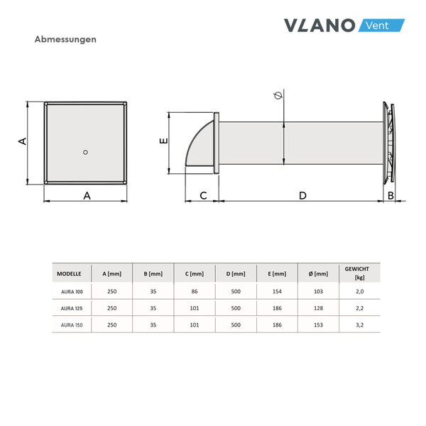 Vlano Vent Abmessungen mit Tabelle