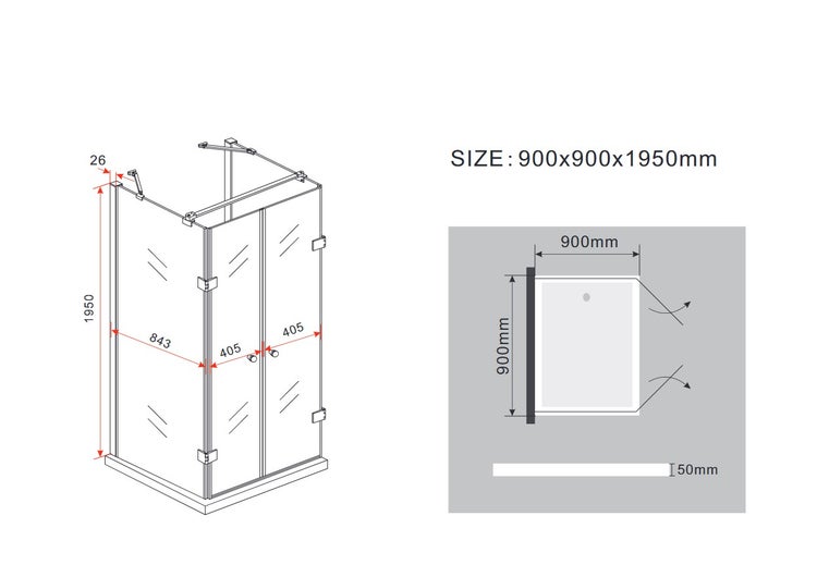 Technische Zeichnung einer Duschkabine mit Maßangaben 900x900x1950 Millimeter.