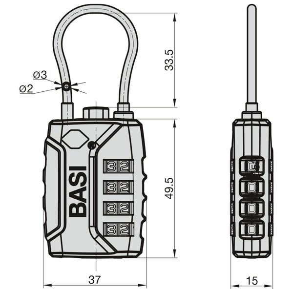 BASI TSA Kofferschloss KS 625 mit einstellbarer Kombination Flexibles Stahlseil Zinkdruckguss-Gehäuse 4-stellige Zahlenkombination Schwarz