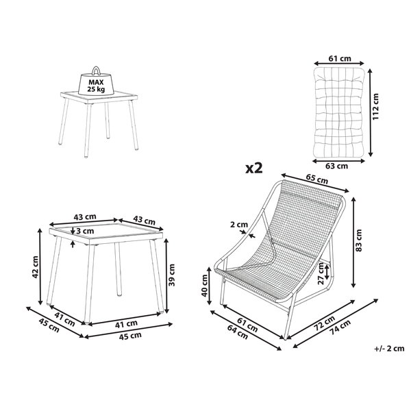Maßzeichnung für Gartenmöbel Set: Tisch 43 mal 43 Zentimeter, zwei Sessel 65 mal 83 Zentimeter und Polsterauflage 112 mal 63 Zentimeter.