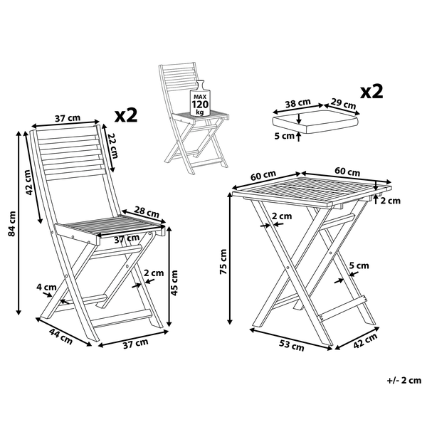Bistro Set inkl. Kissen klappbar FIJI Akazienholz Weiß