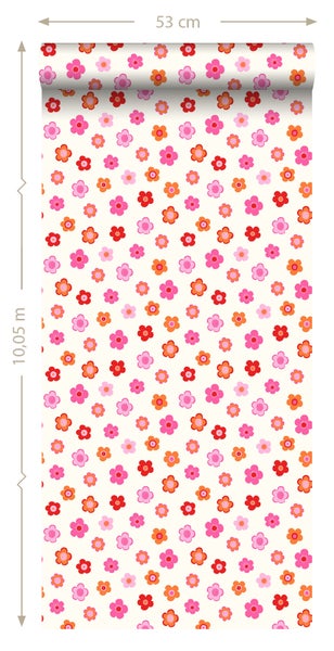 ESTAhome Tapete Blumenmuster Rosa, Korallenrot und Orange - 53 cm x 10.05 m - 138725