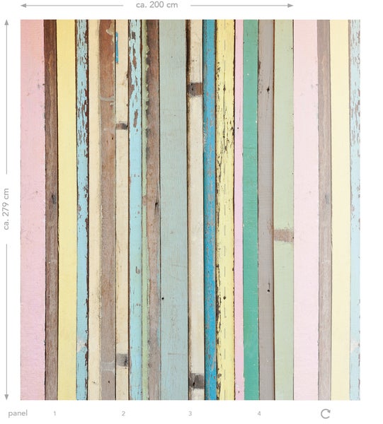 ESTAhome Fototapete Holz-Optik Hellrosa, Gelb, Blau und Grün - 200 x 279 cm - 157703
