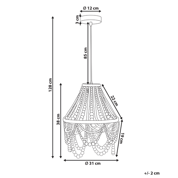 Skizze einer Hängeleuchte mit den Maßen 128 cm Höhe, 31 cm Durchmesser, 85 cm Aufhängungslänge.