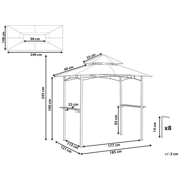 Technische Zeichnung eines Grill-Pavillons mit Maßen: Breite 240 Zentimeter, Tiefe 148 Zentimeter, Gesamthöhe 245 Zentimeter.