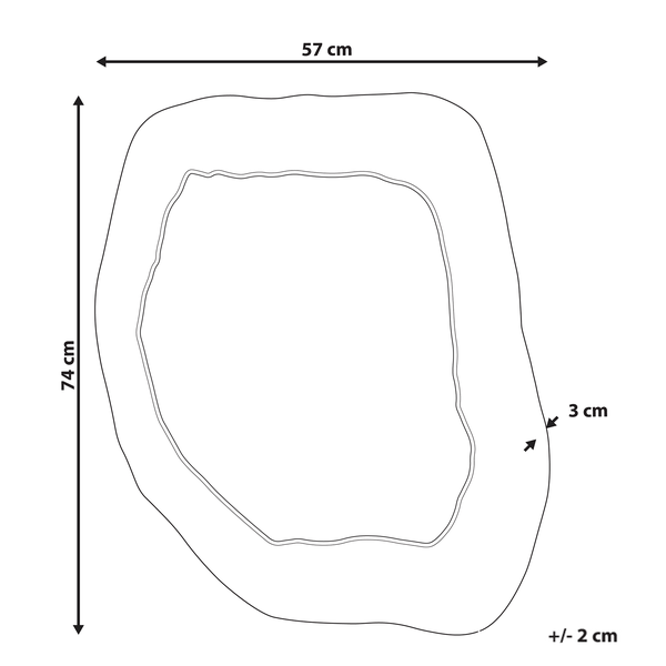 Maßzeichnung einer Teichfolie mit den Maßen 57 mal 74 Zentimeter