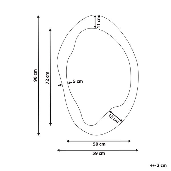 Abmessungen eines unregelmäßig geformten Spiegels mit einer Höhe von 90 cm und einer Breite von 59 cm