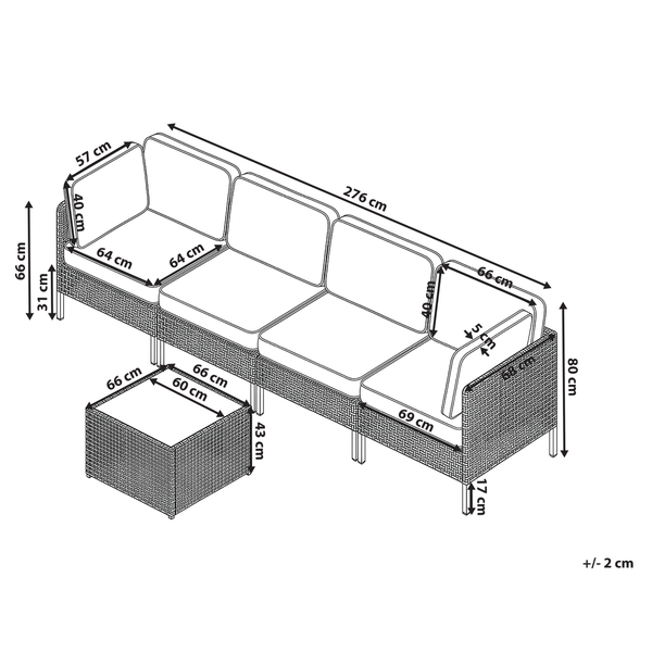 Abmessungen eines Lounge-Sets mit Sofa und Tisch