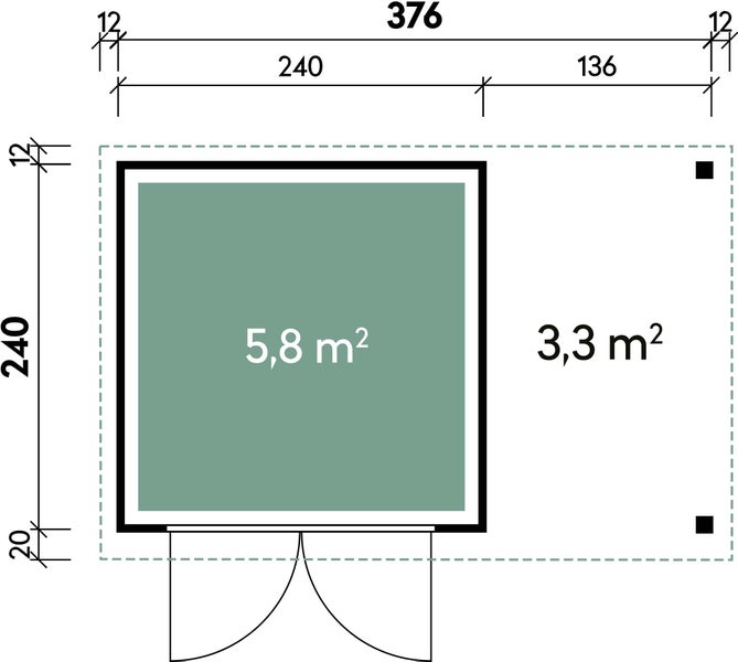 Grundrisszeichnung eines Gartenhauses mit Innenbereich von 5,8 Quadratmetern und einem 3,3 Quadratmeter großen Vordach.