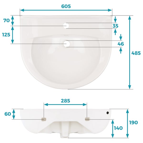 Calmwaters® Waschbecken 60 cm in Weiß, aus hochwertiger Sanitär-Keramik mit Hahnloch und Überlauf zur Wandmontage, ovaler Hänge-Waschtisch Essential 3 aus Keramik, 60 x 48 cm, weiss, 05AB2324