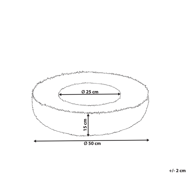 Skizze eines flauschigen Haustierbetts: Außendurchmesser 50 Zentimeter, Innendurchmesser 25 Zentimeter, Höhe 15 Zentimeter.