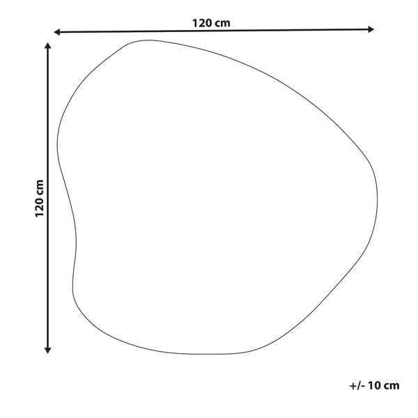 Technische Zeichnung einer organischen Form mit Maßangaben von 120 Zentimeter mal 120 Zentimeter und einer Toleranz von plus minus 10 Zentimeter.