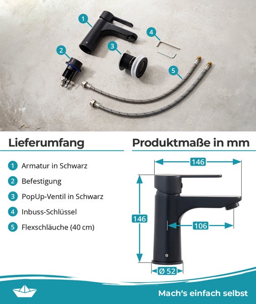 Schwarze Waschtischarmatur mit Zubehör und Maßen in Millimeter: Höhe 146, Ausladung 106, Sockel 52. Inklusive Pop-Up-Ventil und Flexschläuchen.