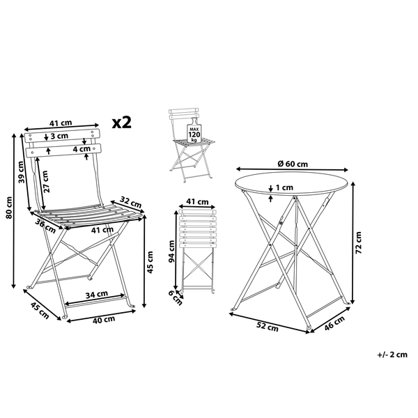 Technische Zeichnung eines Balkonmöbel-Sets mit zwei Klappstühlen und einem runden Klapptisch mit Maßangaben in Zentimetern.