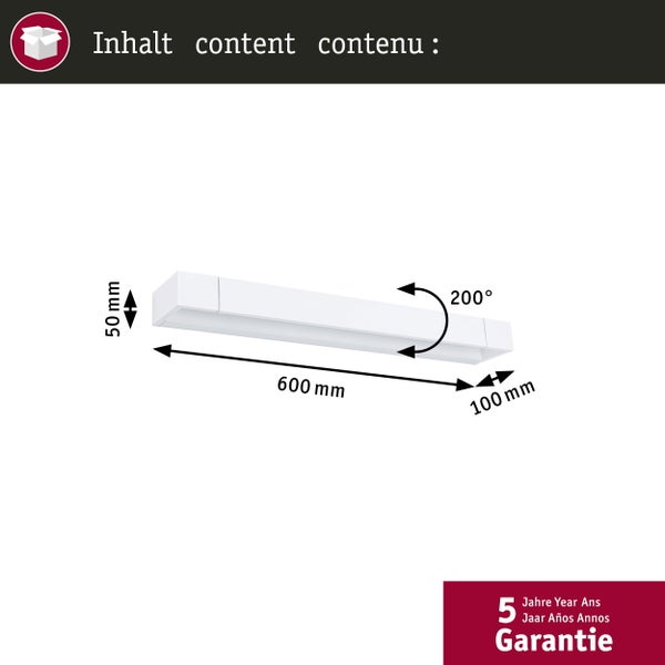 Abmessungen einer Leuchte: 600 mm breit, 50 mm hoch und 100 mm tief, mit einem Drehwinkel von 200 Grad und fünf Jahren Garantie.
