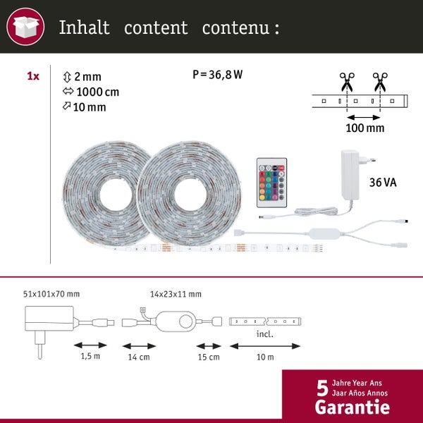Packungsinhalt LED Stripe: zwei Millimeter, 1000 Zentimeter, zehn Millimeter, 36,8 Watt Leistung, 36 Voltampere