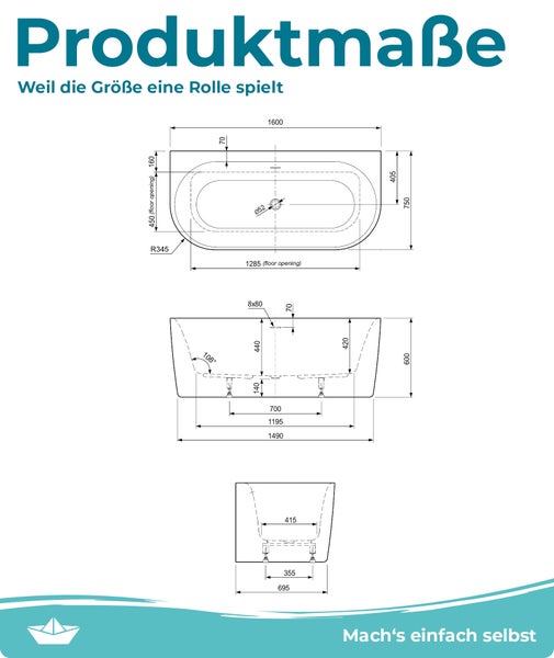 Calmwaters Vorwand-Badewanne 160x75 cm Komplettset Seamless Comfort, fugenloses Design, vormontiert mit Schürze & Ablaufgarnitur, Acryl, Made in EU, 02SL6221