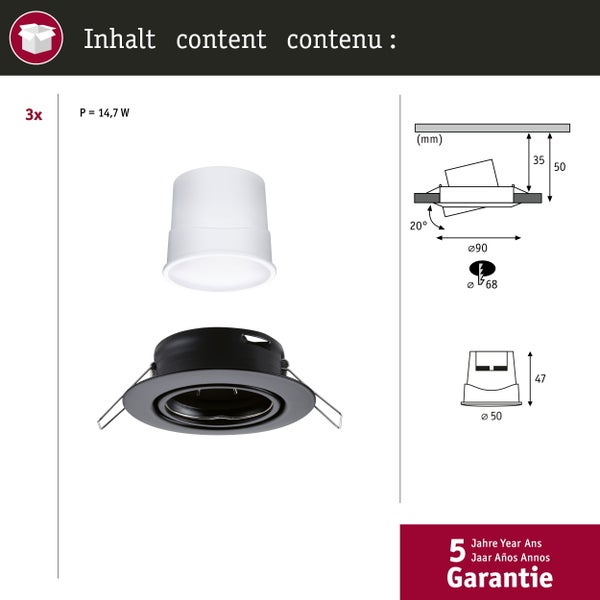 LED Einbauleuchte Smart Home Zigbee 3.0 Base Coin Basisset schwenkbar rund 90mm 20° Coin 3x4,9W 3x420lm 230V dimmbar RGBW+ Schwarz matt