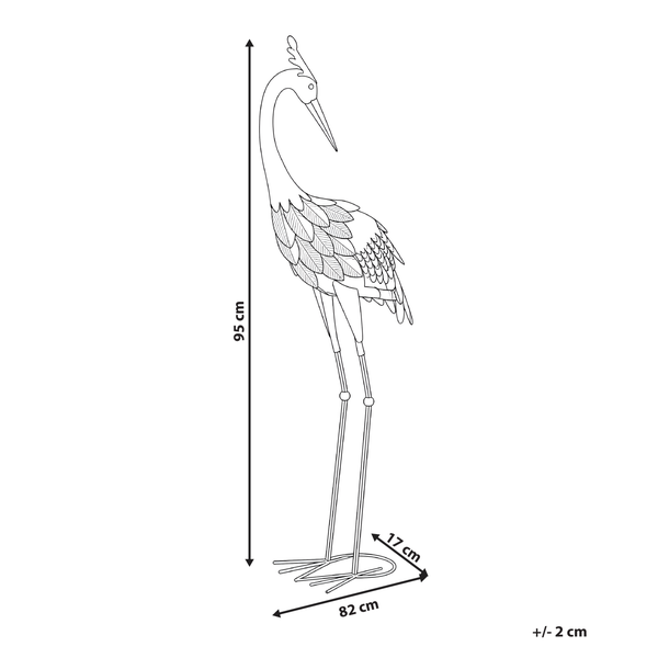 Strichzeichnung eines Deko-Reihers: Höhe 95 Zentimeter, Breite 82 Zentimeter, Tiefe 17 Zentimeter, Abweichung plus minus 2 Zentimeter.