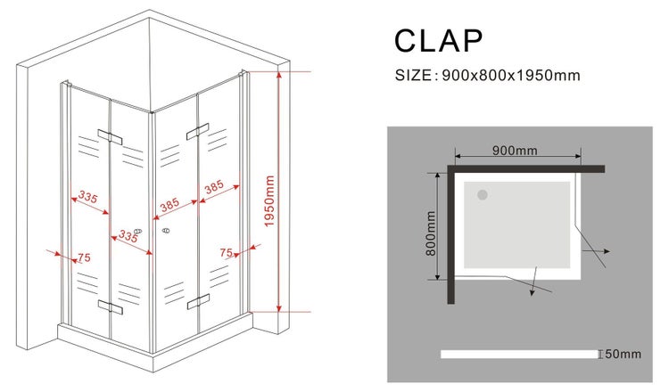 Technische Zeichnung einer Dusche mit den Maßen 900x800x1950 Millimeter.
