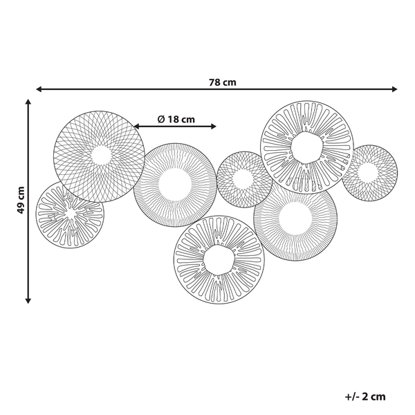 Abmessungen der Wanddekoration mit mehreren Kreisen: 78 cm breit und 49 cm hoch