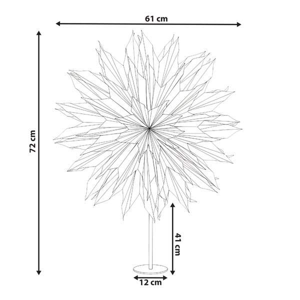 Dimensionszeichnung einer dekorativen Stehlampe in Sternform mit den Massen 72 cm Höhe, 61 cm Breite und 12 cm Durchmesser des Standfußes