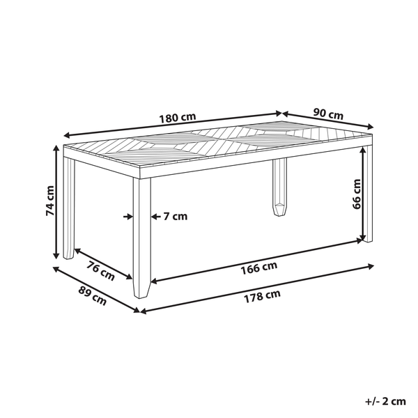 Maßzeichnung eines rechteckigen Tisches mit Fischgrätenmuster und Maßen in Zentimeter: 180 Länge, 90 Breite und 74 Höhe.