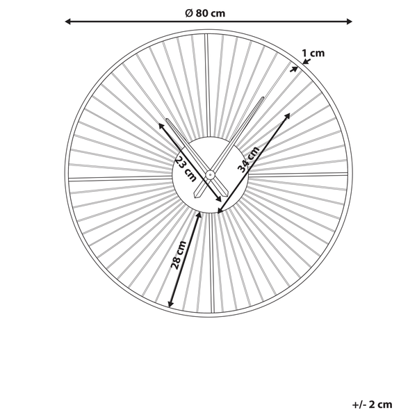 Technische Zeichnung einer Wanduhr mit den Maßen Durchmesser 80 Zentimeter, Tiefe 1 Zentimeter, Stundenzeiger 23 Zentimeter, Minutenzeiger 34 Zentimeter, Pendel 28 Zentimeter