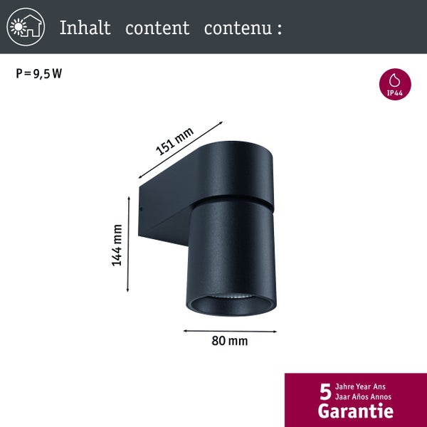 Abbildung einer Außenleuchte mit den Maßen 144 mm Höhe, 151 mm Ausladung und 80 mm Durchmesser mit IP44 Schutzart und fünf Jahren Garantie.