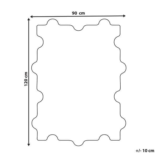 Schematische Darstellung eines unregelmäßig geformten Fells mit den Abmessungen 90 mal 120 Zentimeter und einer Toleranz von plus minus 10 Zentimeter.