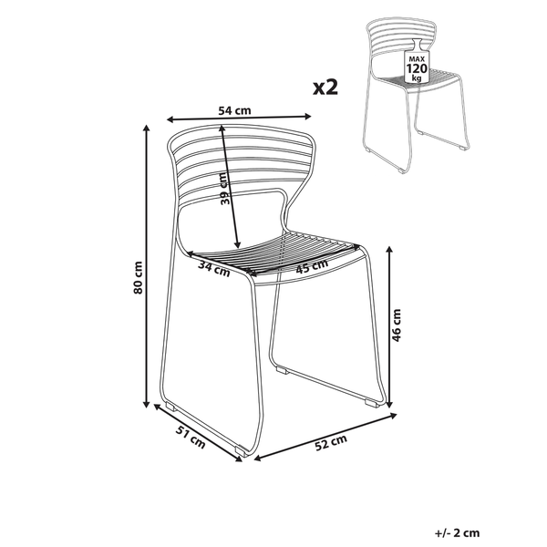 Abmessungen eines Stuhls mit maximaler Belastbarkeit von 120 Kilogramm, verkauft als Zweierset