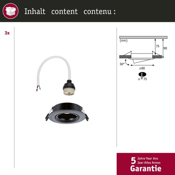 Einbauleuchte 3er-Set schwenkbar rund 90mm 30° GU10 max. 3x10W 230V dimmbar Schwarz