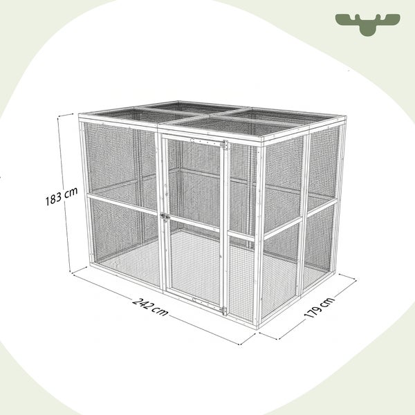 Draufsicht eines Tiergeheges mit den Maßen 183 cm Höhe, 242 cm Länge und 179 cm Breite.