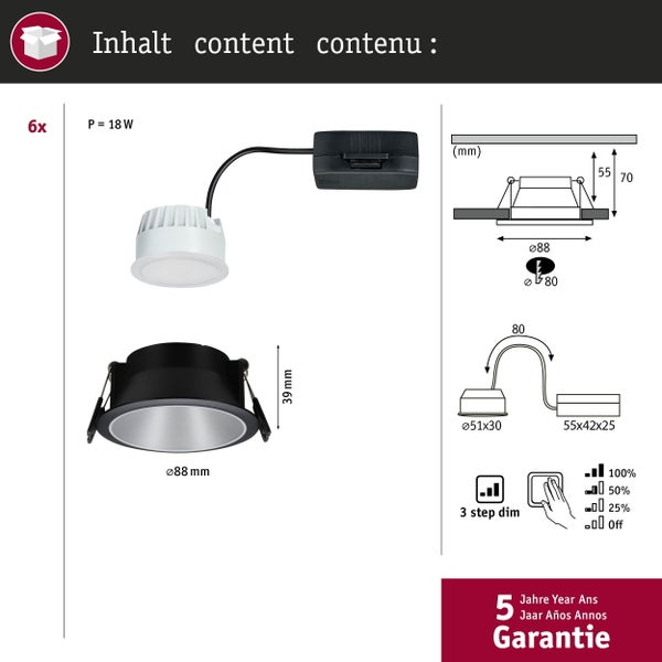 LED Einbauleuchte 3-Step-Dim Cole Coin 6er-Set IP44 rund 88mm Coin 6x6W 6x470lm 230V dimmbar 2700K Schwarz, Silber matt