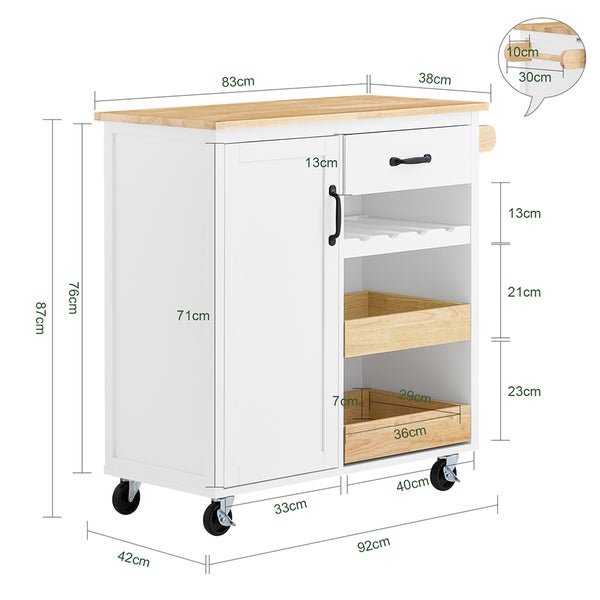 Küchenwagen mit Schublade, Tür und Regalen mit Maßangaben