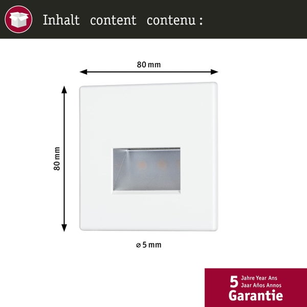 LED Wandeinbauleuchte Edge Quadro eckig 80x5mm 1,2W 50lm 230V 2700K Weiß matt
