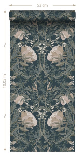ESTAhome Tapete Blumenmuster im Jugendstil Dunkelblau - 53 cm x 10.05 m - 139421