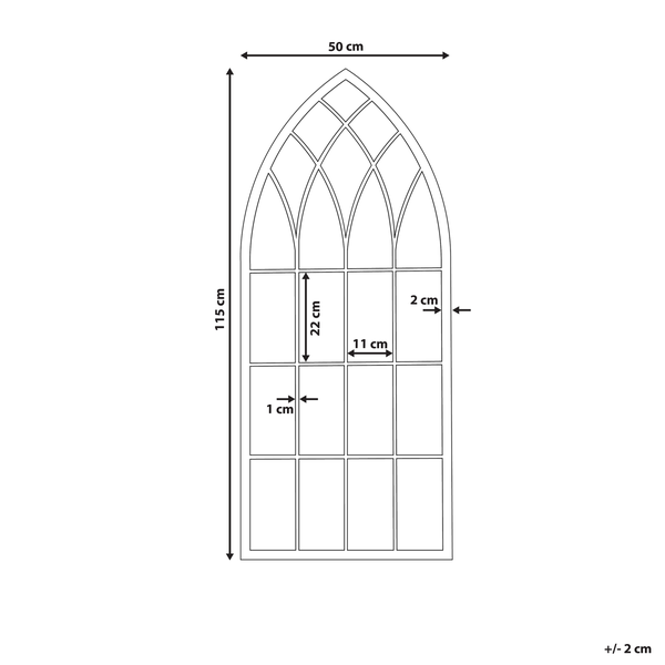 Technische Zeichnung einer Fensterattrappe im gotischen Stil mit Maßangaben