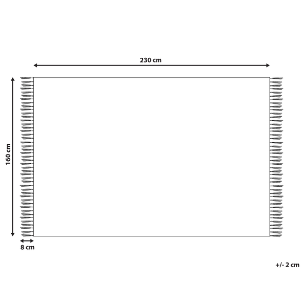 Teppich-Skizze mit Maßen: 230 Zentimeter mal 160 Zentimeter, Fransen 8 Zentimeter, Abweichung plus oder minus 2 Zentimeter.