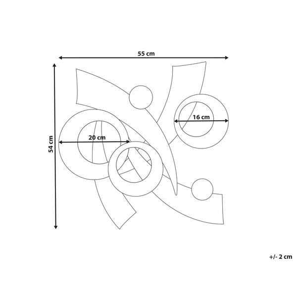 Skizze einer Wanddekoration mit Maßen: Breite 55 Zentimeter, Höhe 54 Zentimeter, Kreisdurchmesser 20 Zentimeter und 16 Zentimeter.