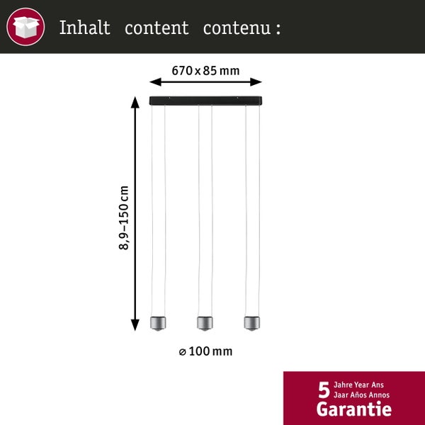 Dreiflammige Pendelleuchte mit Maßen: Basis 670 mal 85 Millimeter, Durchmesser 100 Millimeter, Höhe 8,9 bis 150 Zentimeter, 5 Jahre Garantie.