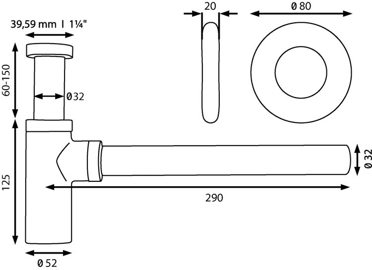 Sanitop-Wingenroth Design Siphon in chrom, Flaschensiphon in 1 1/4 x 32 mm, Reinigungsöffnung, Geruchsverschluss für Waschbecken, Tassensiphon 290 mm Länge, Kunststoff, 225571