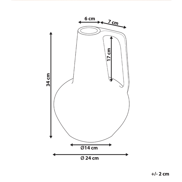 Technische Zeichnung einer Vase mit den Maßen 34 cm Höhe, 24 cm Durchmesser und einem Hals von 6 cm
