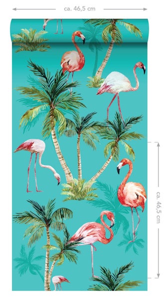 ESTAhome XXL-Vliestapete Flamingos Türkis, Grün und Rosa - 50 x 900 cm - 158609
