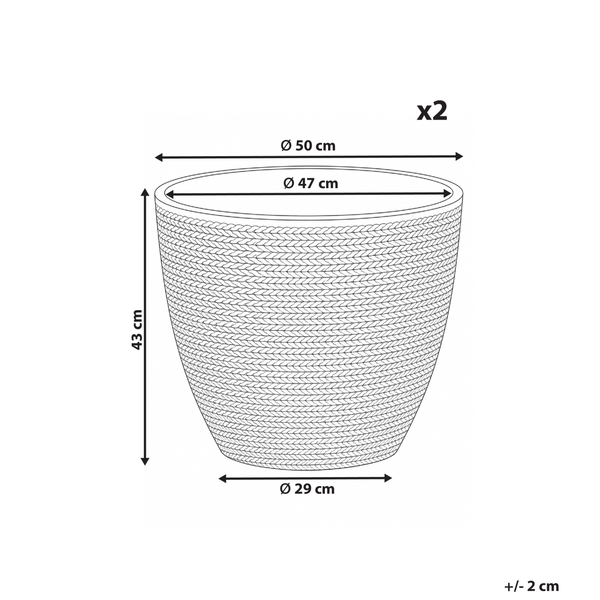 Maßskizze Pflanztopf in Strickoptik, Höhe 43 Zentimeter, Außendurchmesser 50 Zentimeter, Innendurchmesser 47 Zentimeter, Set von 2.