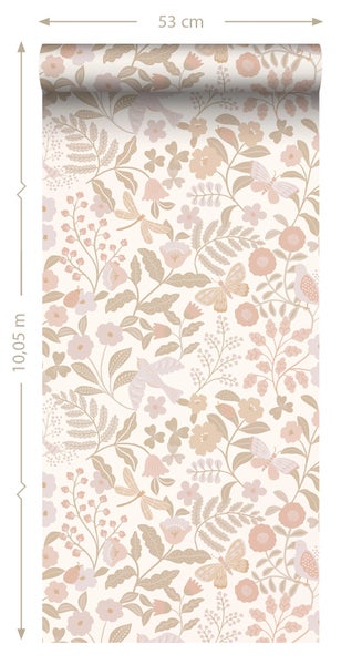 ESTAhome Tapete Blumen und Vögel Weiß, Beige und Hellrosa - 53 cm x 10.05 m - 139866