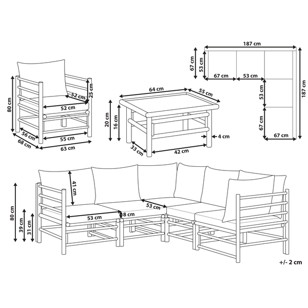 Lounge Set mit Tisch 6-Sitzer CERRETO Bambusholz Cremeweiß