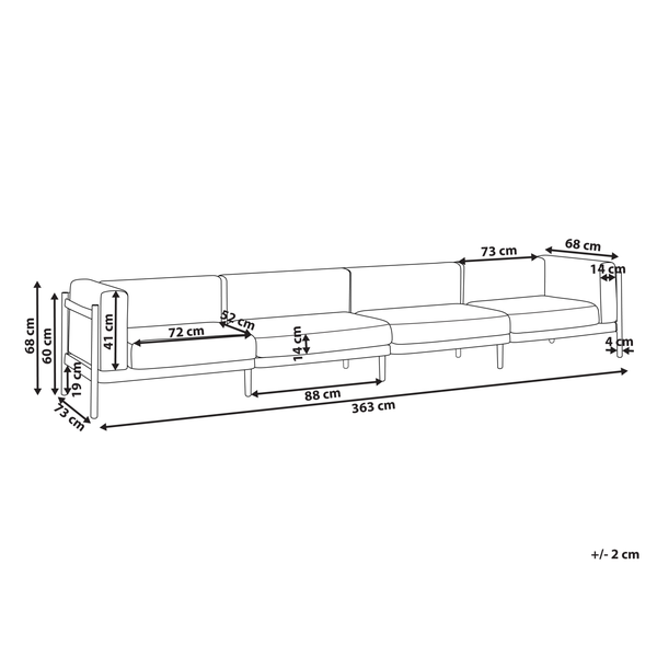 Maßzeichnung eines Sofas mit Abmessungen