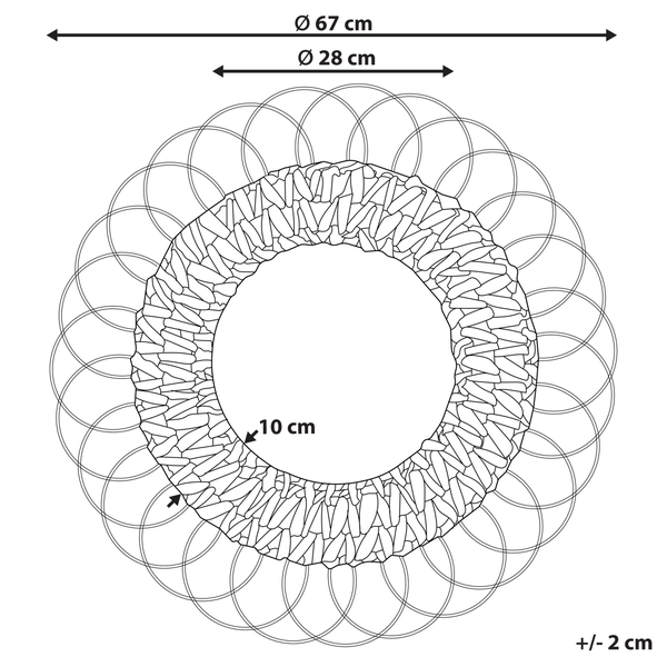 Skizze eines runden Dekospiegels mit Maßangaben